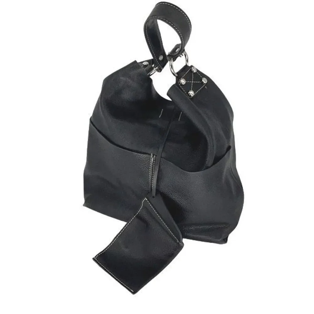 Faiez Halabi Buenos Aires Womens Pebbled‎ Leather Shoulder Hobo Bag Black Small